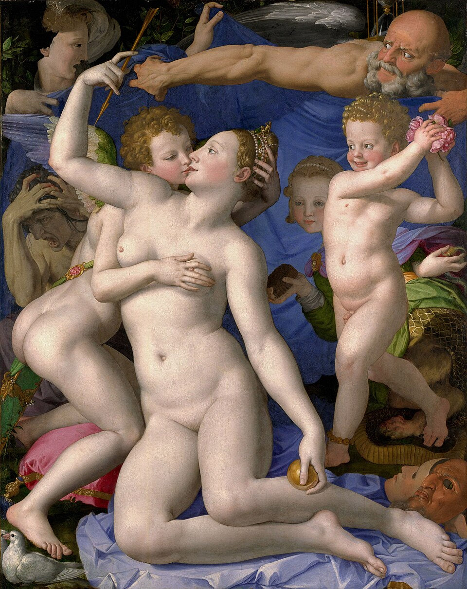 Museum-quality hand-painted reproduction of Bronzino's Venus, Cupid, Folly and Time (1540–1545). Recreated in oil on canvas from the National Gallery masterpiece.