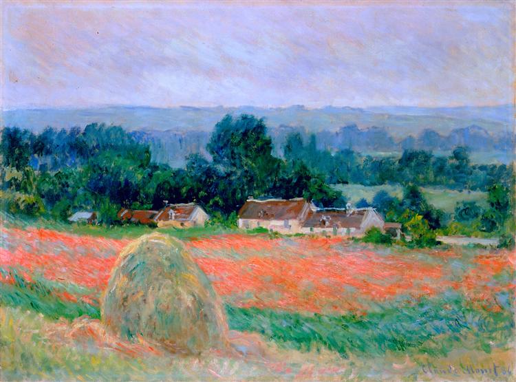 Painting of a landscape with a haystack and village in the background