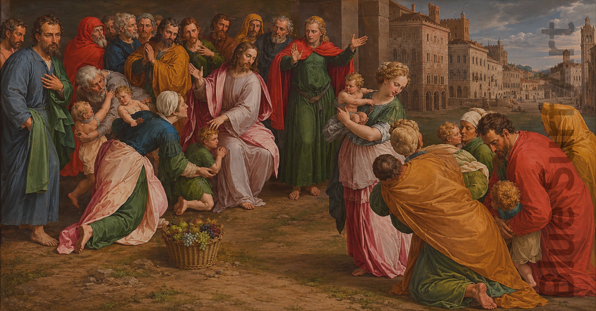 Painting of a religious scene with figures in a historical setting. Let the Little Children Come to Me by Adam van Noort – Hand-Painted Oil Painting Reproduction