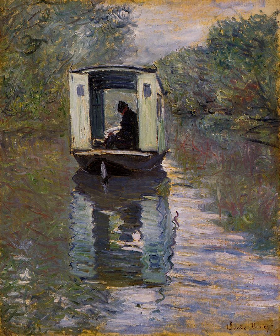 Painting of a boat on a river with a person inside, surrounded by trees and water reflections. The Studio Boat (Le Bateau-atelier)