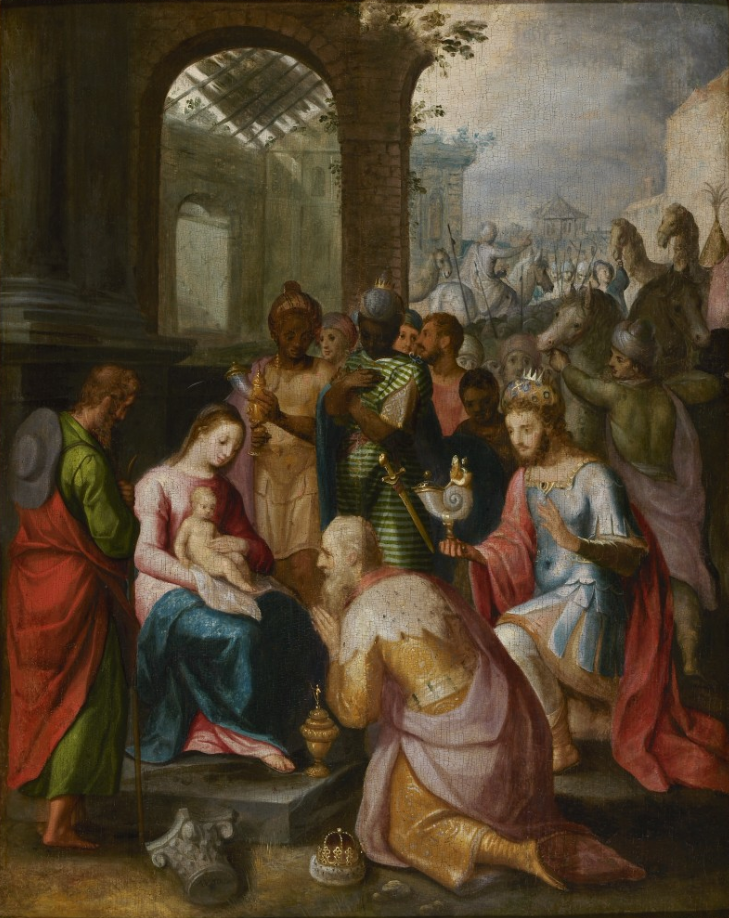 Discover Adoration of the Magi by Adam van Noort, a Flemish Renaissance masterpiece depicting the Three Wise Men visiting the Christ Child. Hand-painted reproductions available.