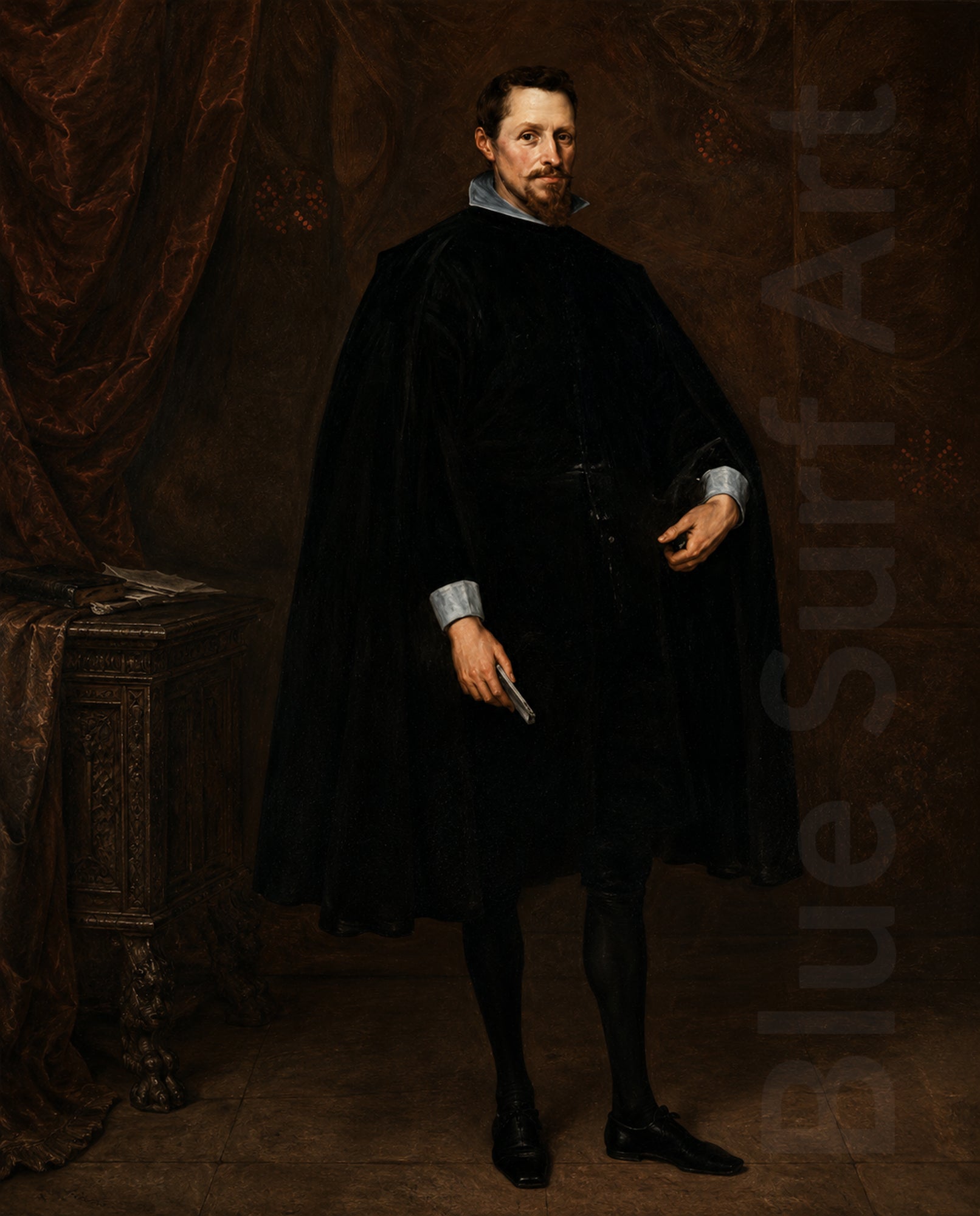 Portrait of a man in a dark cloak against a draped curtain background
