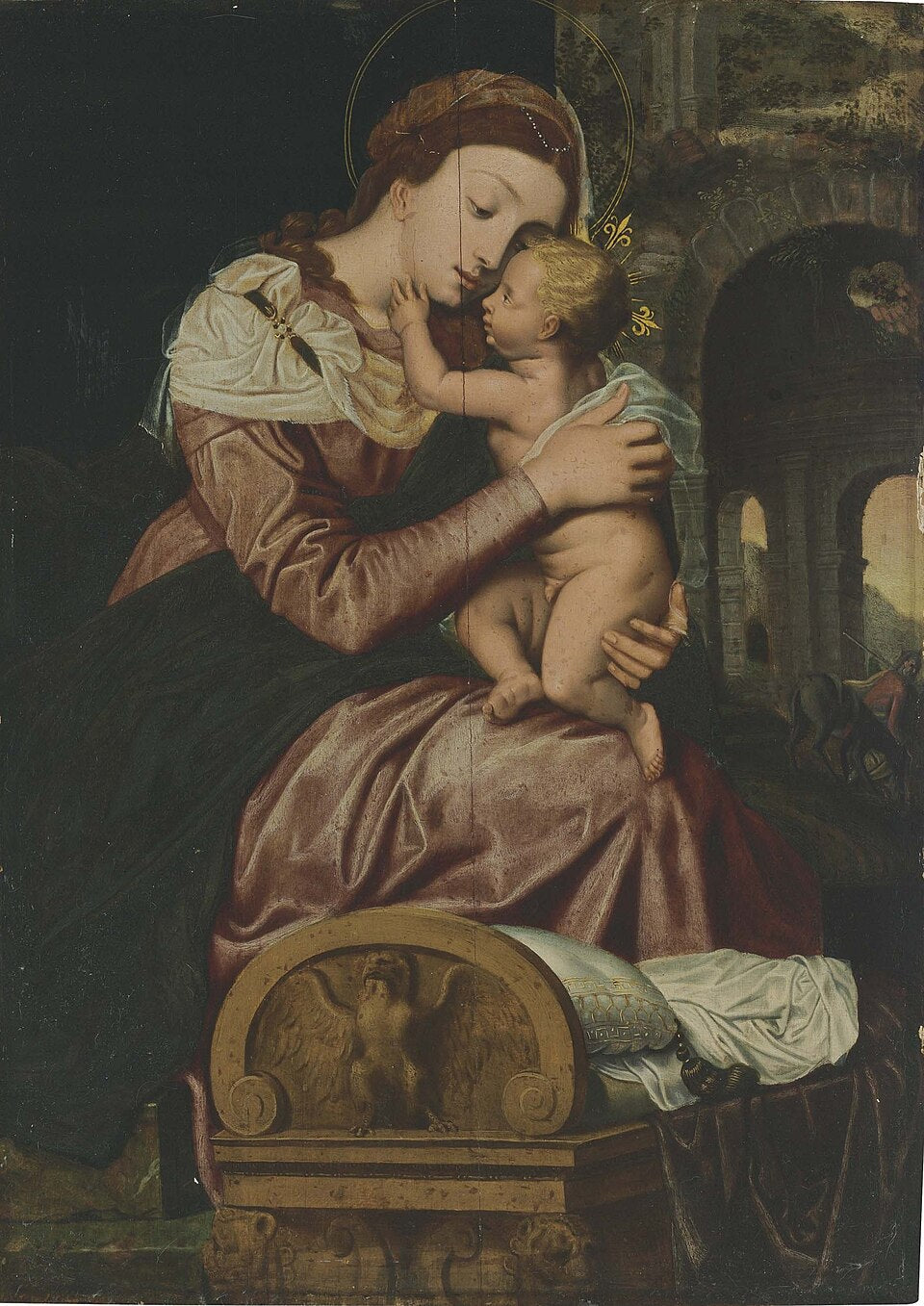 Painting of a woman holding a child in an ornate setting. Virgin and Child by Adam van Noort – Hand-Painted Oil Painting Reproduction