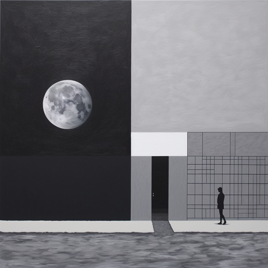 Abstract Painting Building with a Moon Minimalist Wall Art Gray and Black Optical Illusion Inspired Housewarming Gift Home Decor Wall Art. Blue Surf Art .com
