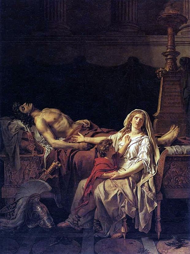Museum-quality oil reproduction of Andromache Mourning Hector by Jacques-Louis David (1783). Custom sizes, hand-painted, photo preview, global shipping.