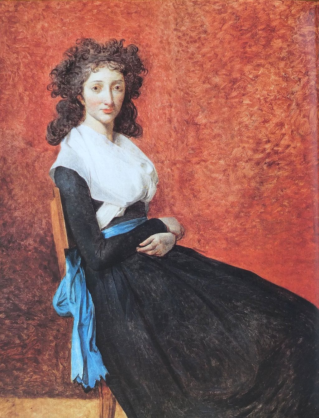 Shop a handmade oil reproduction of Madame Trudaine by Jacques-Louis David. Elegant, neoclassical portrait in 5 size options. Gallery quality. Portrait of a woman in a black dress with a white blouse against a red background