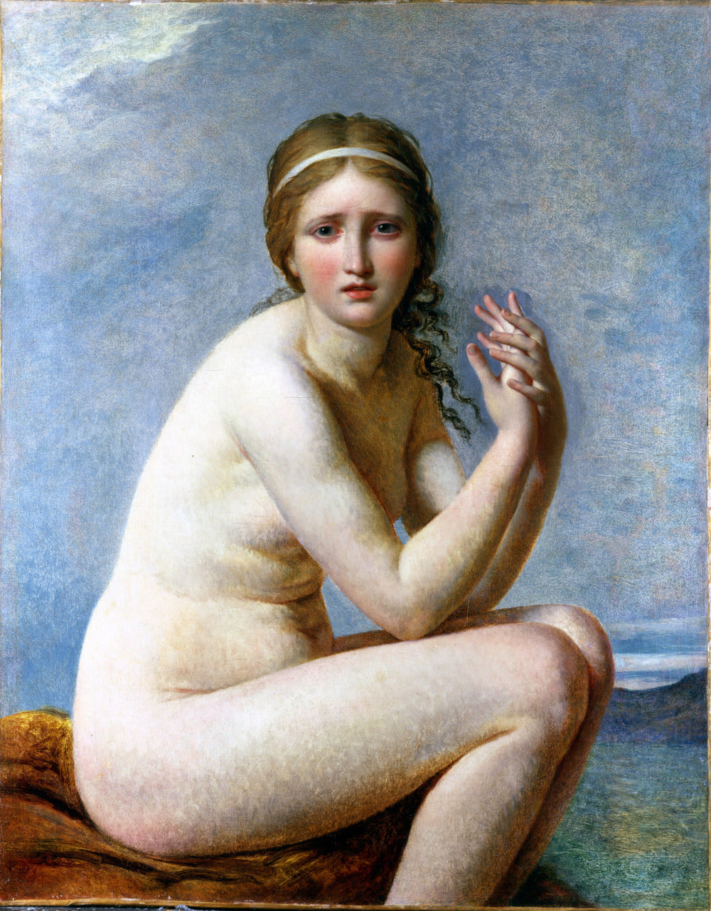 classical painting of a nude woman sitting on a rock with a blue sky background. Order a hand-painted oil reproduction of Psyche Abandoned by David. 5 sizes available. Worldwide shipping included.