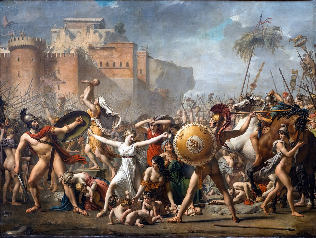 Historical battle scene with soldiers and a horse, set against a castle and palm trees. Order a museum-quality oil reproduction of The Sabine Women by David. 5 sizes. Worldwide shipping from Bangkok included.
