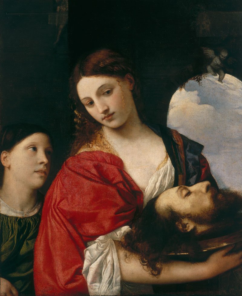 Salome with the Head of John the Baptist by Titian | Galleria Doria Pamphilj Rome
. Artistic depiction of a woman holding a head, with a child to her left, against a dark background.