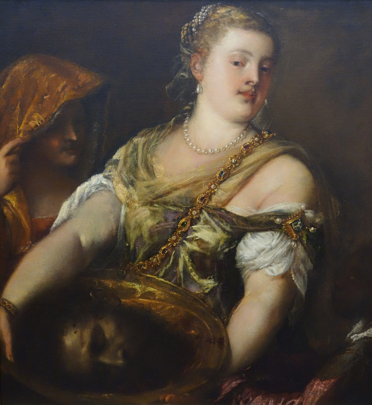 Salome with the Head of John the Baptist by Titian | National Museum of Western Art Tokyo. Portrait of a woman with another figure in the background, possibly from a classical or mythological scene.