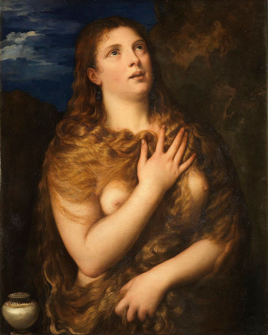 Penitent Magdalene (1533) by Titian | Galleria Palatina. Painting of a woman with long hair and a dark background