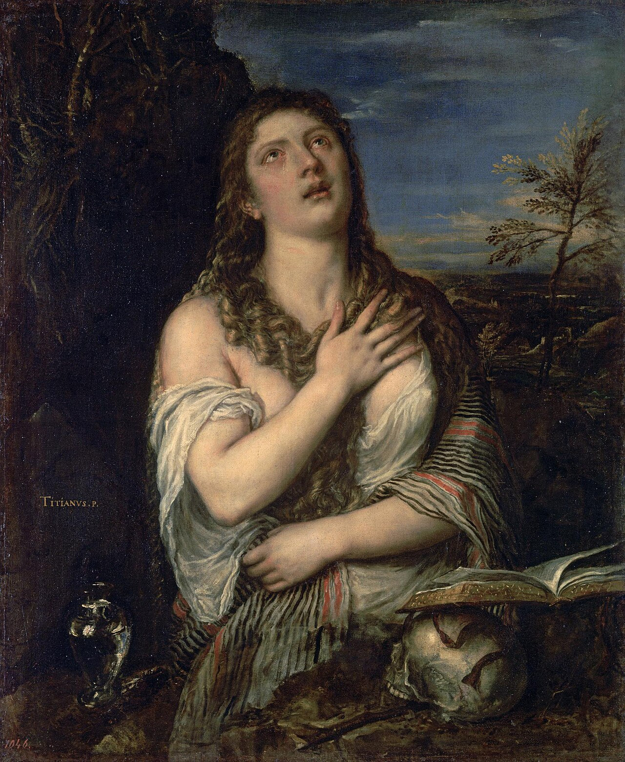 Titian – Penitent Magdalene, Hermitage Museum (1561–1565). Painting of a woman in a landscape with an open book and a pitcher.