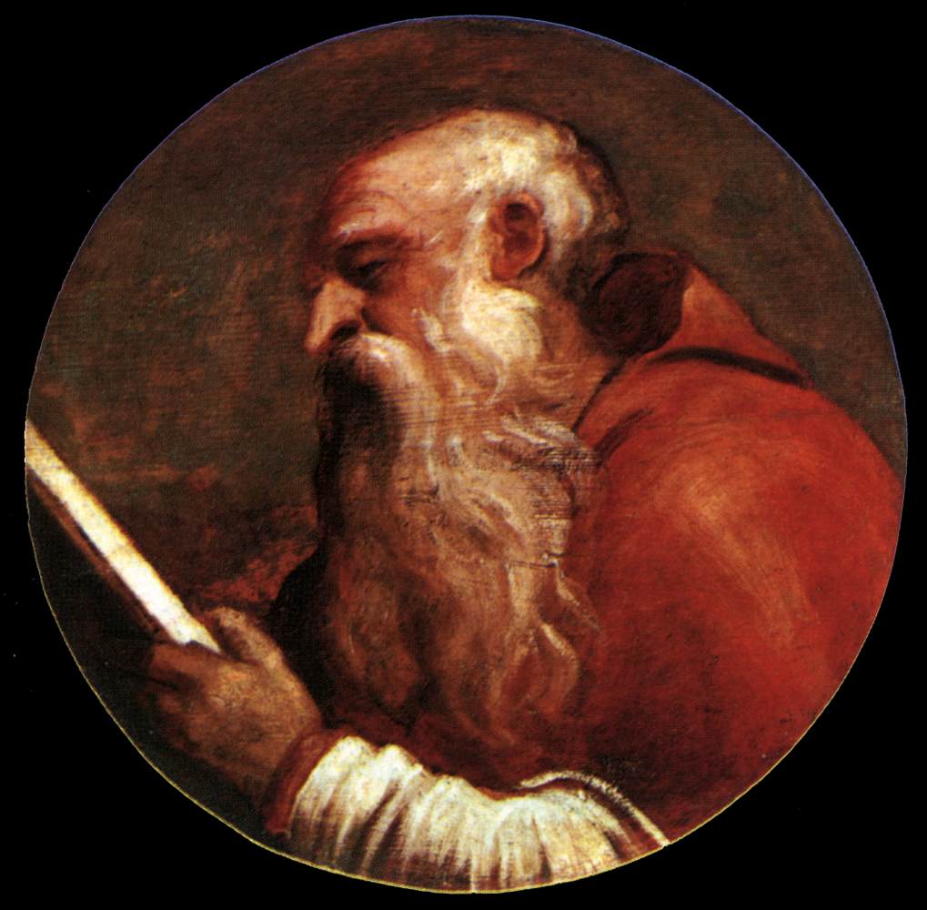 St Jerome by Titian – Renaissance Religious Art (Santa Maria della Salute). Portrait of an elderly man with a long beard holding a book, wearing a red robe.