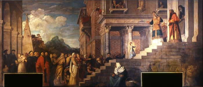 Historical painting of a grand interior with people and architectural details. The Presentation of the Virgin at the Temple – Titian (1534-38) | Venetian Renaissance Masterpiece
