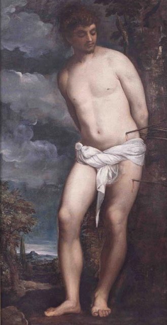 Titian – Saint Sebastian (c.1530) | Renaissance Religious Masterpiece. Painting of a nude figure with a rope, set against a landscape with clouds and trees.