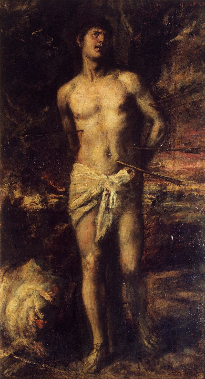 Titian – Saint Sebastian (1570–1576) | Hermitage Museum Masterpiece. Artistic depiction of a shirtless man with a bow and arrow, standing against a dark background.