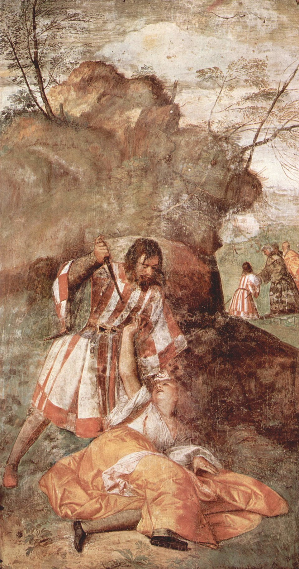 Titian – Miracle of the Jealous Husband (1511) | Scuola del Santo FrescoFresco of a warrior scene with a fallen figure and rocky landscape