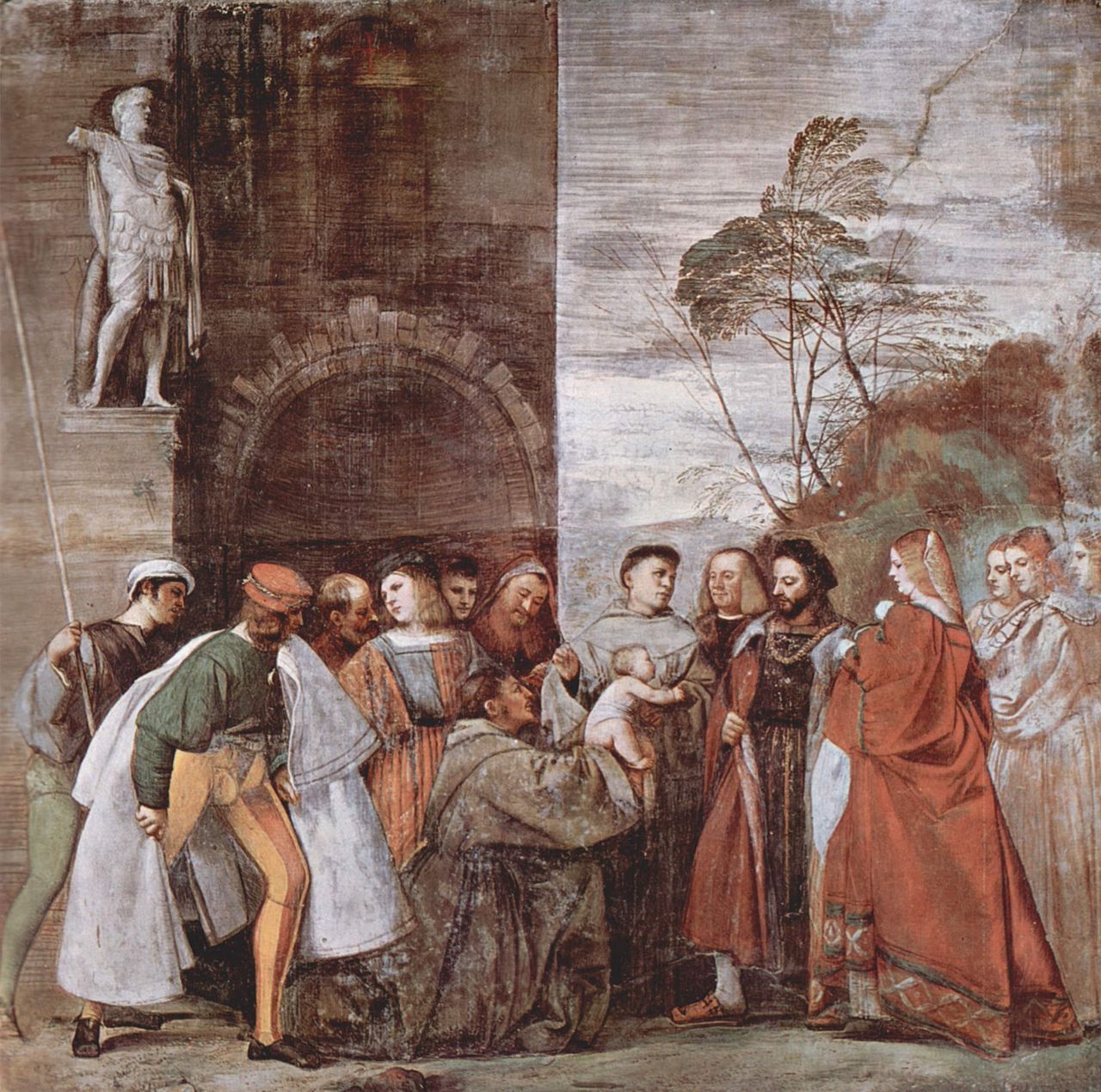 Titian – The Miracle of the Newborn Child (1511) | Scuola del Santo Fresco. Historical scene with people in period costumes, possibly from a painting or mural.