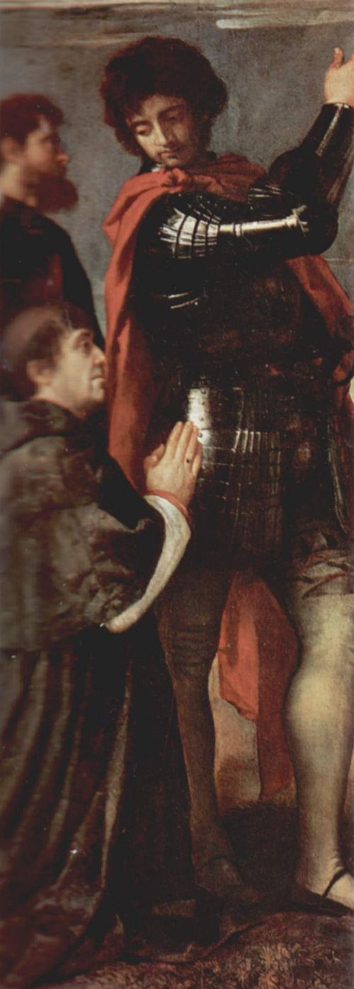 Historical painting of a warrior in armor with two other figures, one of whom is praying. Titian – Averoldi Polyptych (Left Panel) | Religious Renaissance Masterpiece