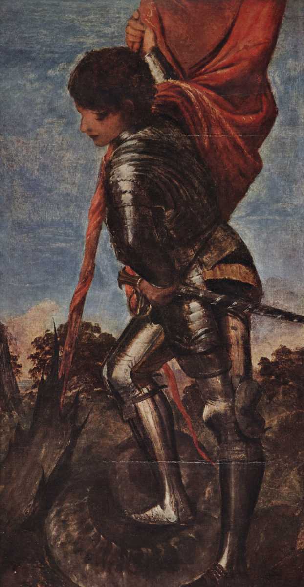 Painting of an armored figure with a sword, possibly a knight, against a landscape background. Saint George (c.1511) by Titian – Renaissance Religious Art