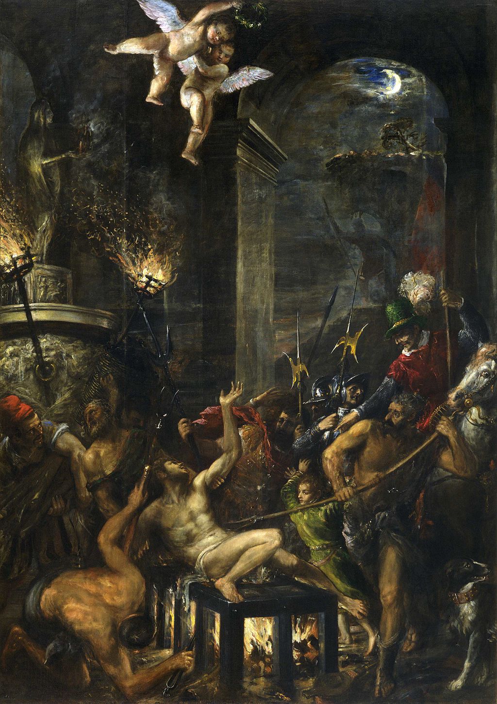 Mystical or religious scene with figures and an angel in a dark setting. The Martyrdom of Saint Lawrence by Titian – El Escorial Masterpiece