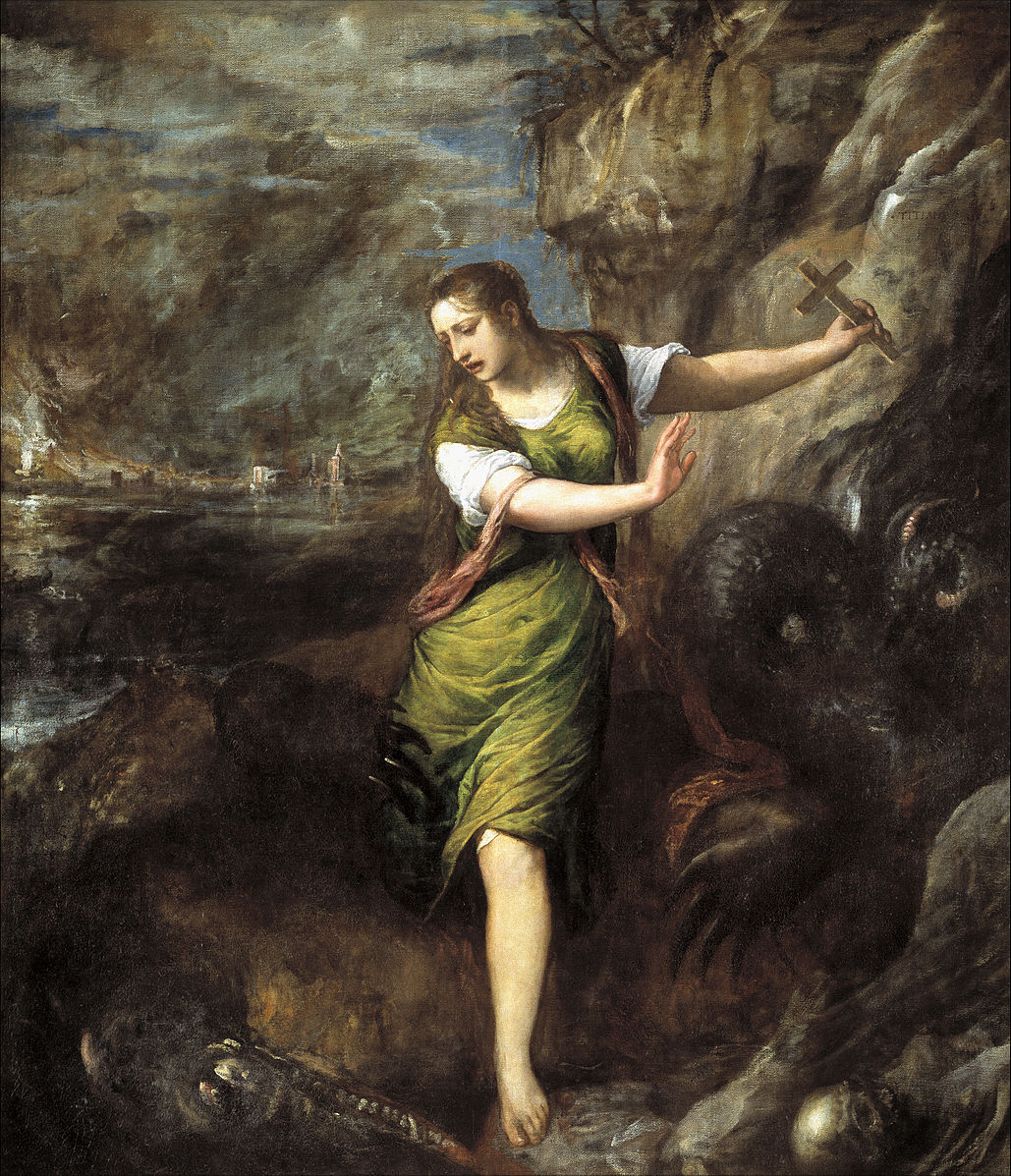 Painting of a woman in a green dress holding a cross, standing on rocky terrain with a dramatic sky. Saint Margaret and the Dragon by Titian – Museo del Prado