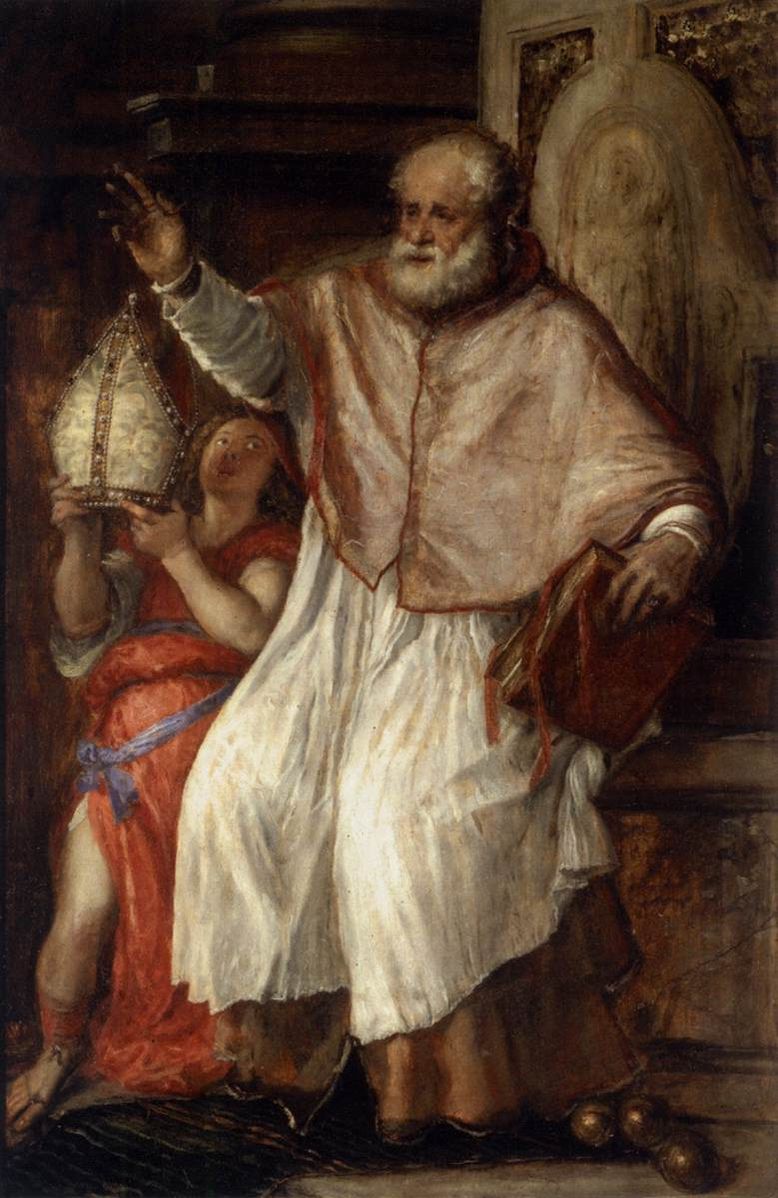 Painting of an elderly man in a white robe holding a helmet, with a young boy in red behind him. St Nicholas by Titian – San Sebastiano, Venice (1563)