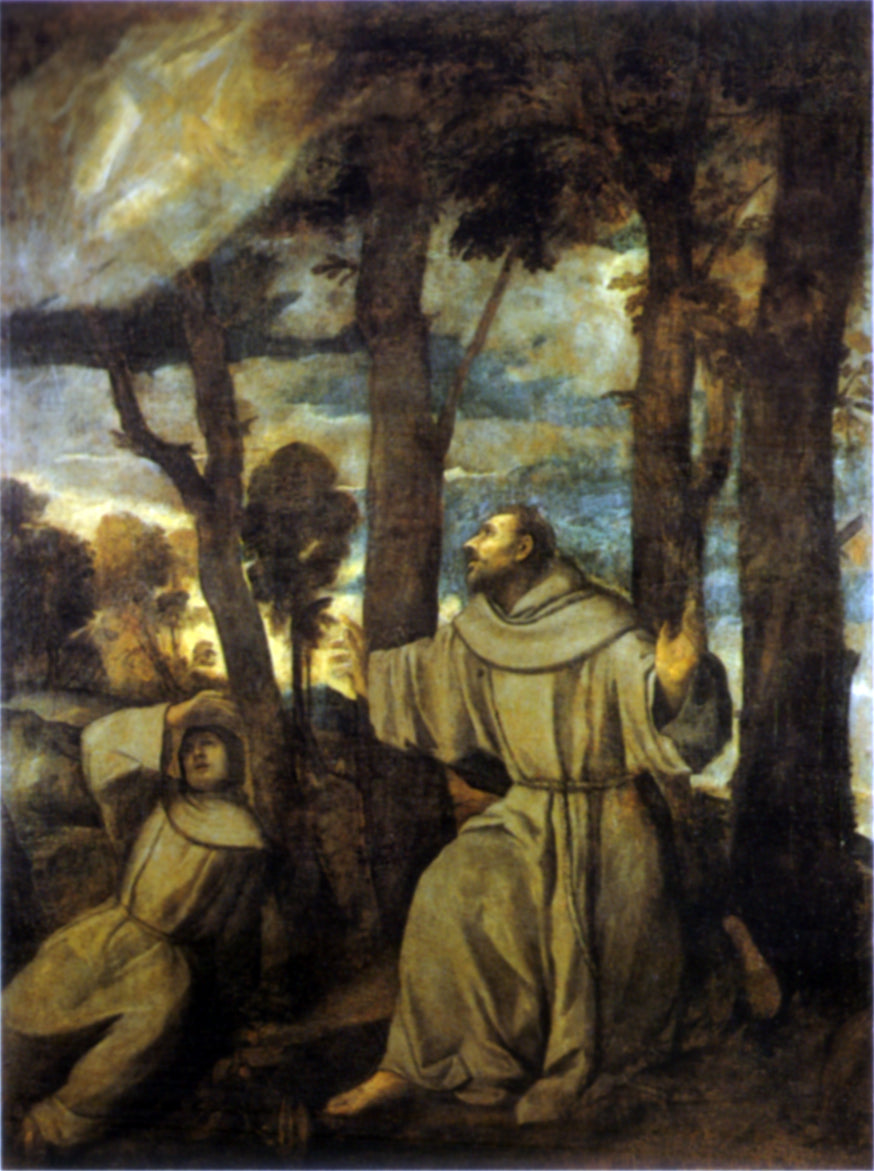 Painting of two figures in a forested area with a third figure in the background. Saint Francis Receiving the Stigmata by Titian – c.1525