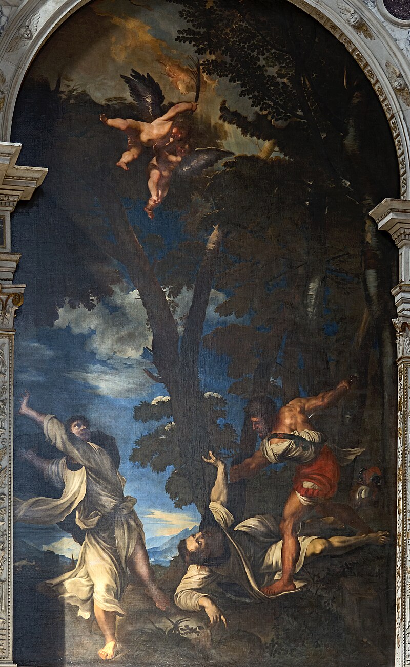 Mural painting of classical figures in a dramatic landscape with a large tree. Death of St Peter Martyr by Johann Carl Loth – 1691