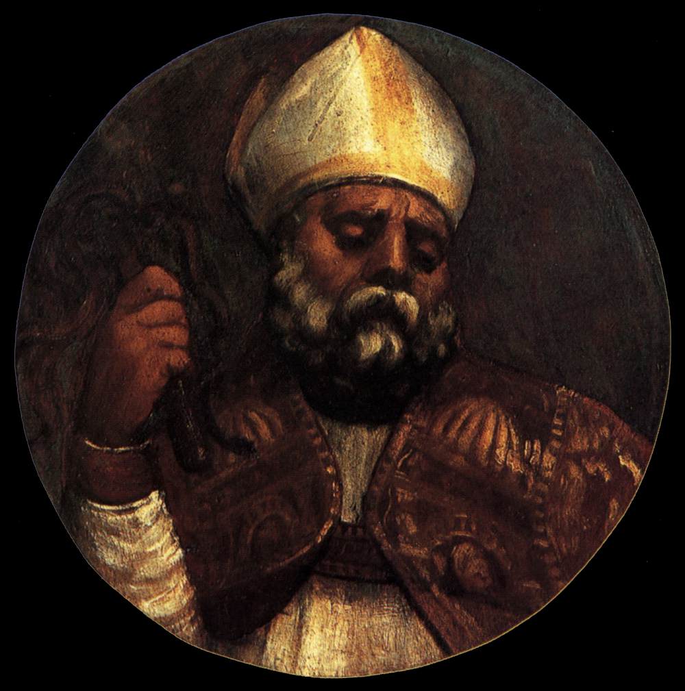 Painting of a religious figure with a white head covering and brown robe. Titian – St Ambrose | 16th-Century Venetian Religious Masterpiece Reproduction
