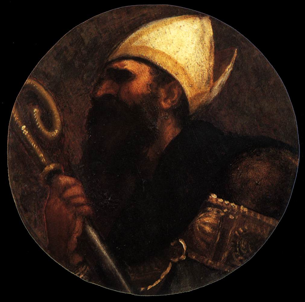Painting of a bearded man in armor holding a staff against a dark background. Titian – St Augustine | Religious Art Oil Painting Reproduction