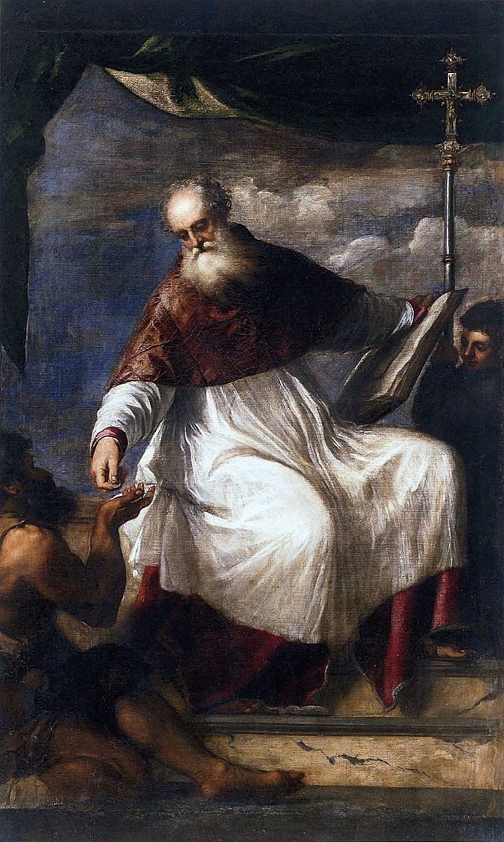 Painting of a religious figure in a robe with a cross, likely a saint, in a classical setting. Saint John the Almoner by Titian – Renaissance Religious Masterpiece
