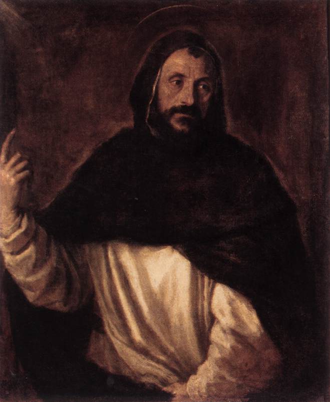 Painting of a religious figure in dark robes with a hood, holding an object. Saint Dominic by Titian – 1565 Religious Oil Painting Reproduction