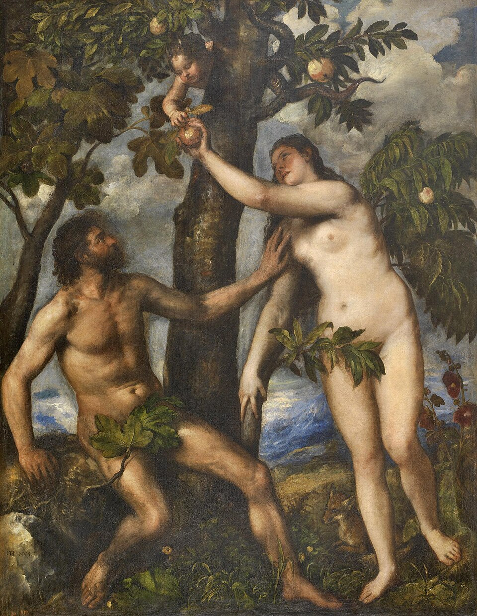 Painting of Adam and Eve in the Garden of Eden with a tree and landscape. The Fall of Man by Titian – Adam and Eve Renaissance Masterpiece | Blue Surf Art