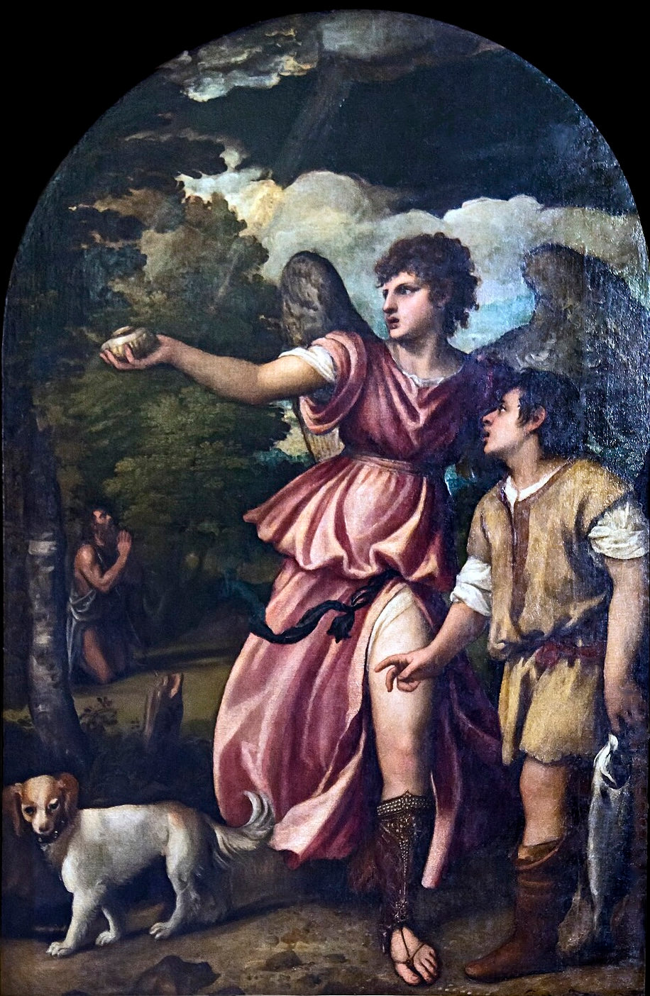 Painting of a winged figure with a child and dog in a forest setting. Tobias and the Angel by Titian – Hand-Painted Oil Reproduction | Blue Surf Art
