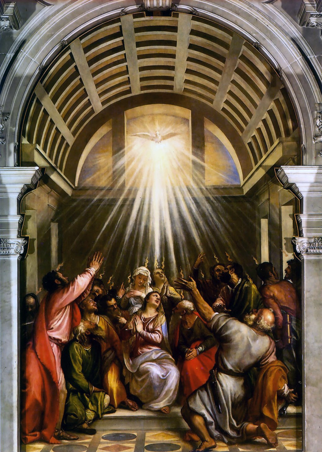 Painting of a religious scene with figures and a bright light source. The Descent of the Holy Spirit by Titian – Religious Masterpiece