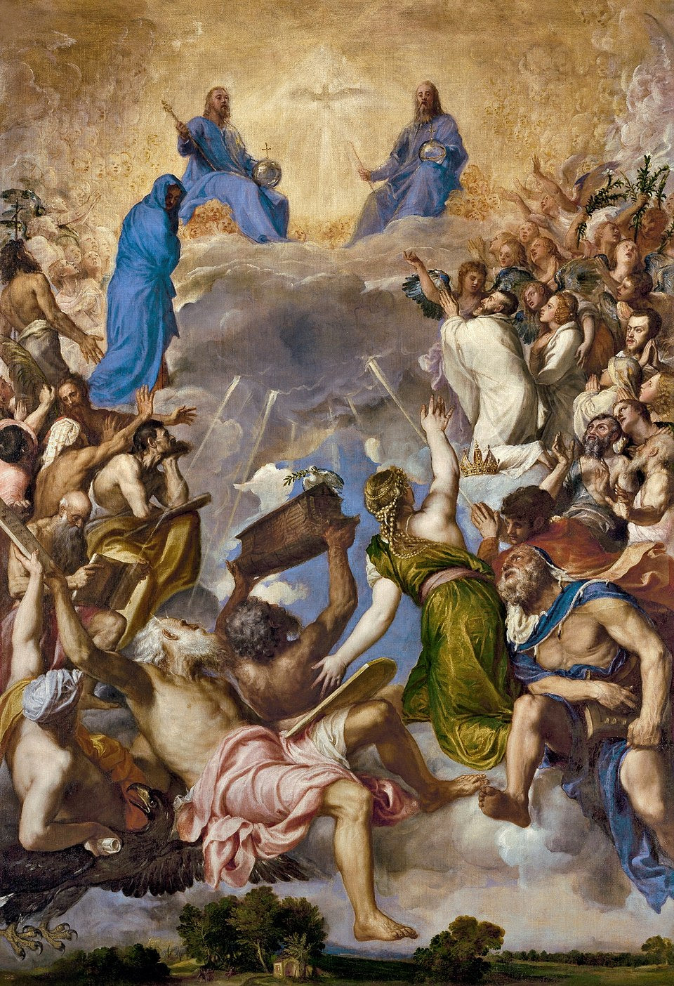 Mural painting with religious figures and scenes, including a central figure holding a cross. La Gloria by Titian – The Holy Trinity & Heavenly Vision (1551–1554)