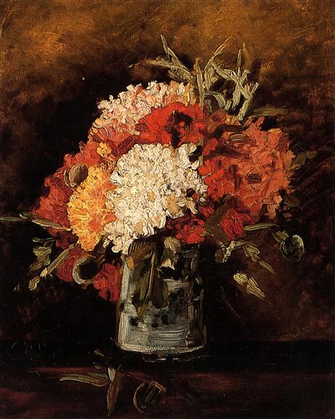 Vase with Carnations (1886) by Van Gogh — Paris Floral Still Life - Still life painting of a bouquet of flowers in a glass jar on a dark background