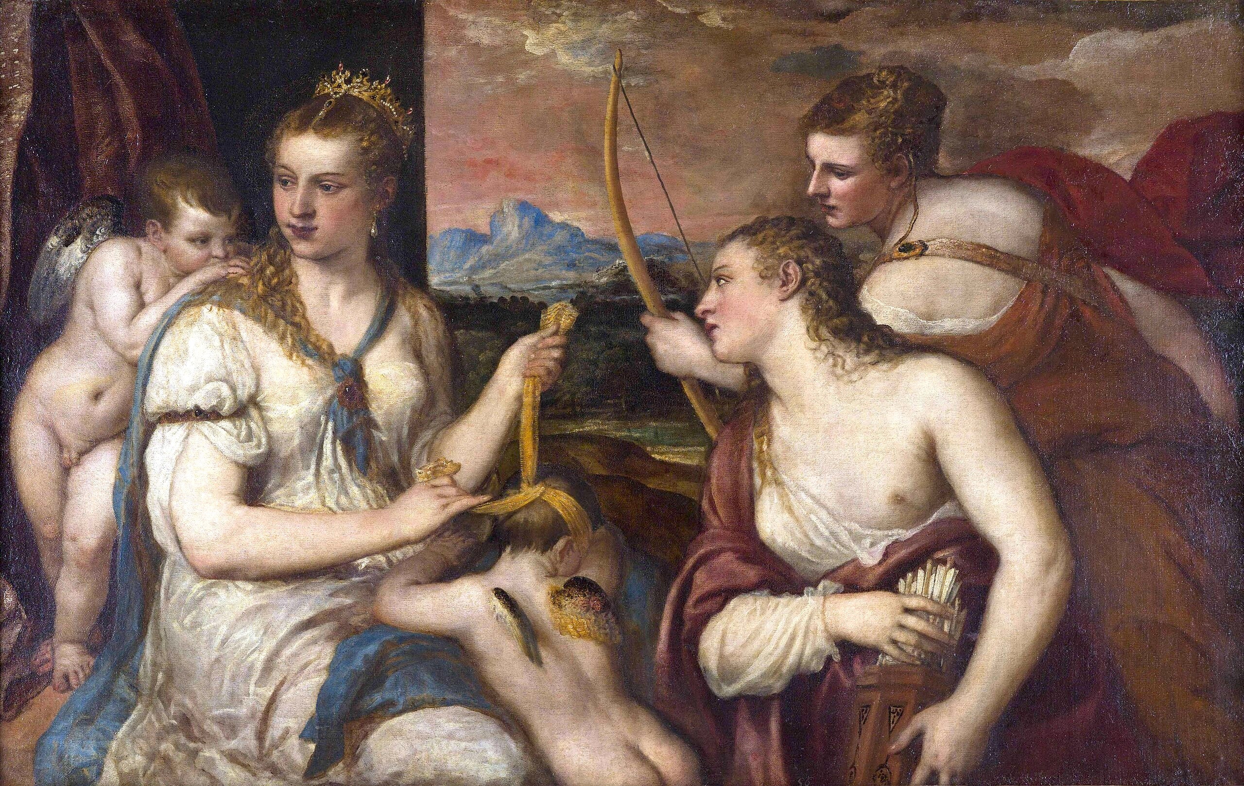 classical painting of a woman with a bow and arrow, surrounded by other figures. Venus Blindfolding Cupid by Titian – Museum Quality Hand-Painted Oil Reproduction