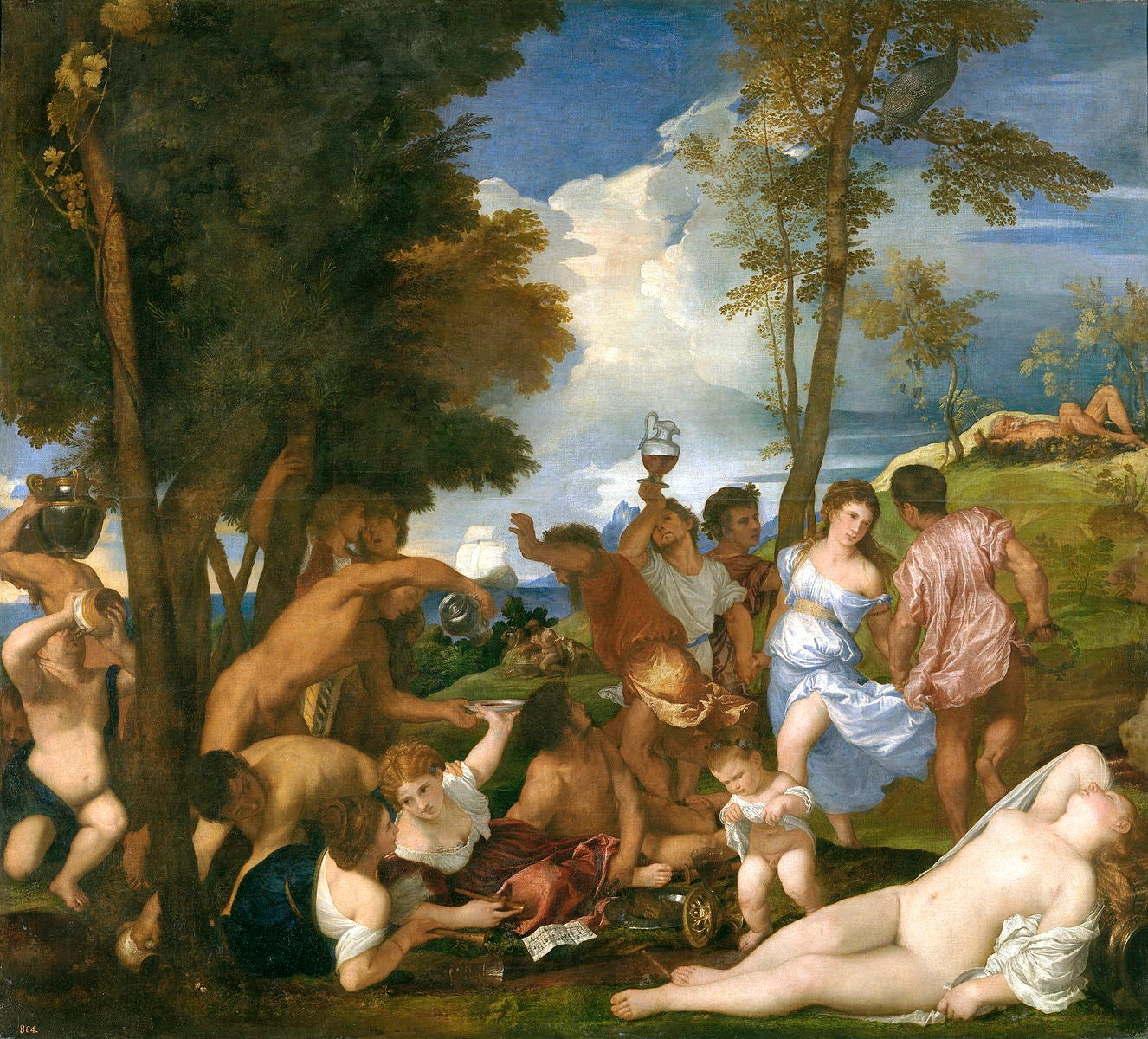 Classical painting of a group of people in a natural setting with trees and a sky. The Bacchanal of the Andrians by Titian – Mythological Renaissance Masterpiece