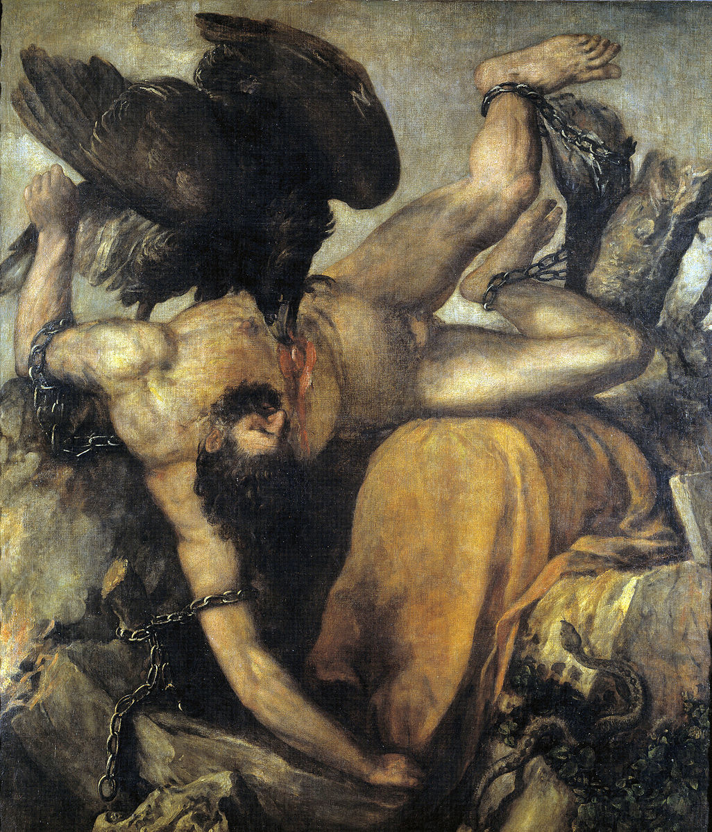 Artistic depiction of a chained figure with a bird on its head, set against a rocky background. The Punishment of Tityus by Titian – Dramatic Mythological Masterpiece.