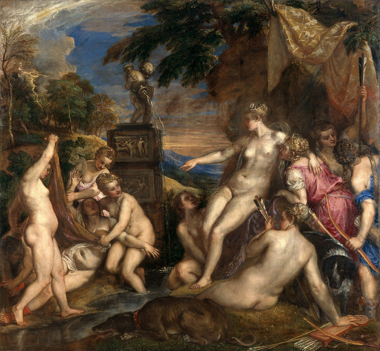 Classical painting of a group of nude figures in a landscape with a statue and draped fabric. Diana and Callisto by Titian – Renaissance Mythological Masterpiece.