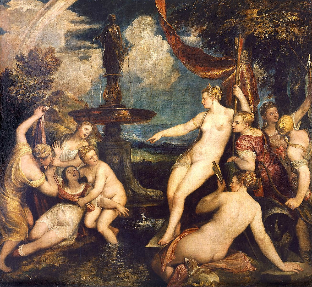 Classical painting of a nude figure by a fountain with other figures in a landscape. Diana and Callisto by Titian – Venetian Masterpiece, Kunsthistorisches Museum.