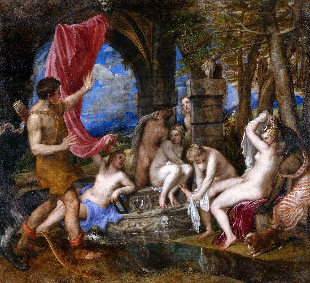 Classical painting of a group of nude figures by a fountain, with a man holding a red cloth. Diana and Actaeon by Titian – Renaissance Masterpiece, Scottish National Gallery.