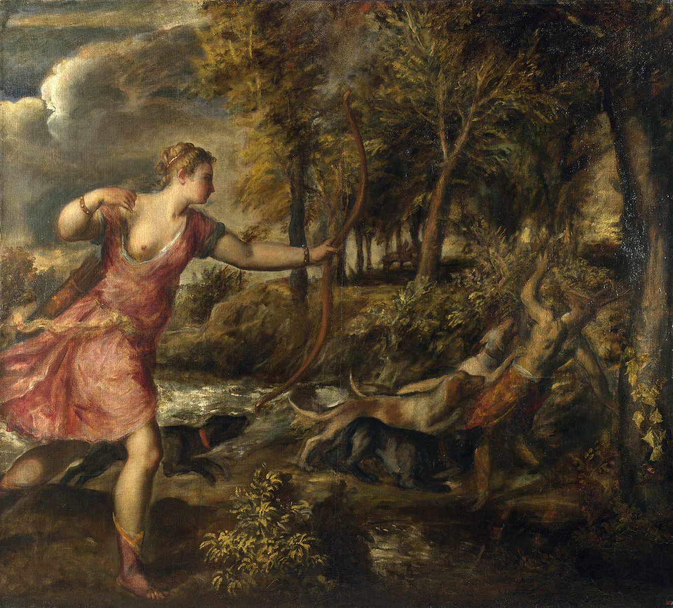 Painting of a woman in a red dress with a bow and arrow in a forest setting. The Death of Actaeon by Titian – Late Venetian Masterpiece, National Gallery.