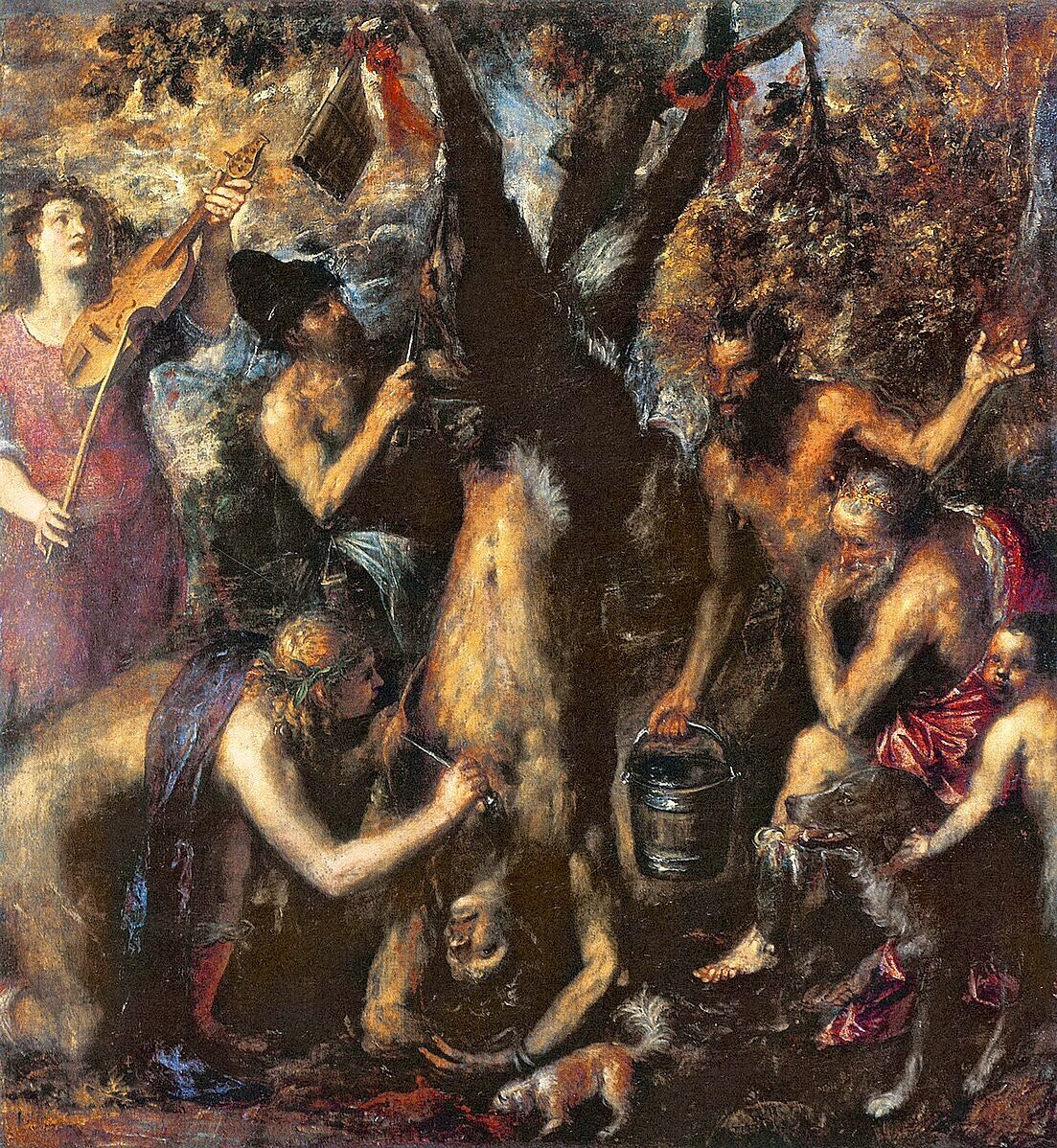 Mystical scene with figures around a central figure, possibly a sacrifice, in a dark, forest-like setting. The Flaying of Marsyas by Titian – Late Masterpiece, Kroměříž Archdiocesan Museum.