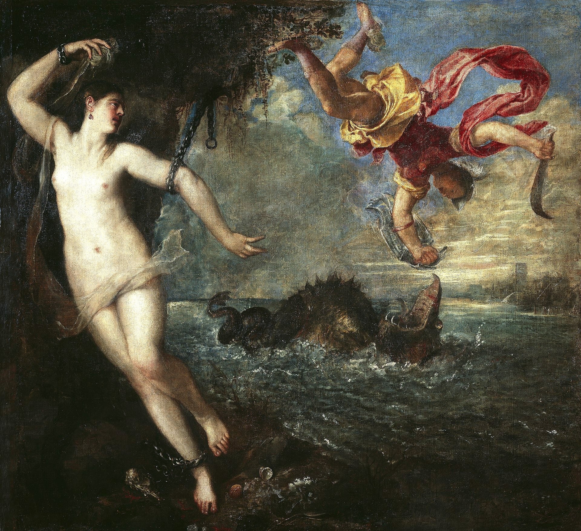 Perseus and Andromeda by Titian – Mythological Masterpiece, The Wallace Collection. Mural painting of a classical scene with a nude figure and another figure in a red garment, set against a dark background.