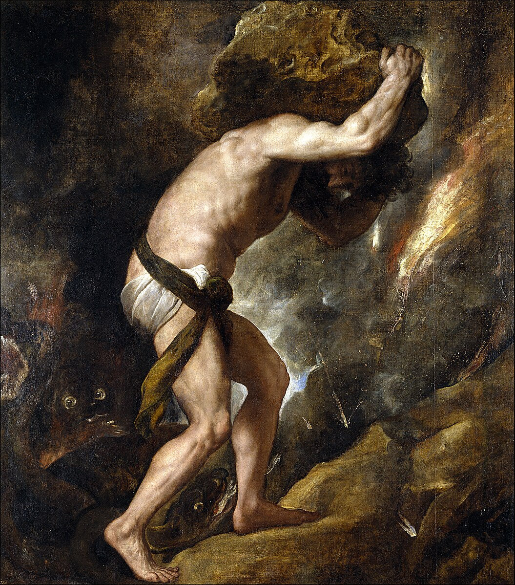 Sisyphus by Titian – Mythological Masterpiece, Museo del Prado. Painting of a muscular man carrying a large rock on his back with a dark, rocky background.