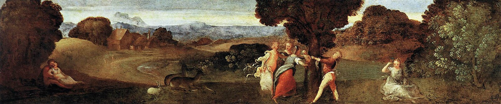 The Birth of Adonis by Titian – Early Renaissance Masterpiece, Civic Museums of Padua. Landscape painting with figures and animals in a classical style.