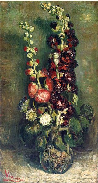 Still life painting of flowers in a vase with a textured background - Vase of Hollyhocks (1886) by Van Gogh — Paris Flower Painting